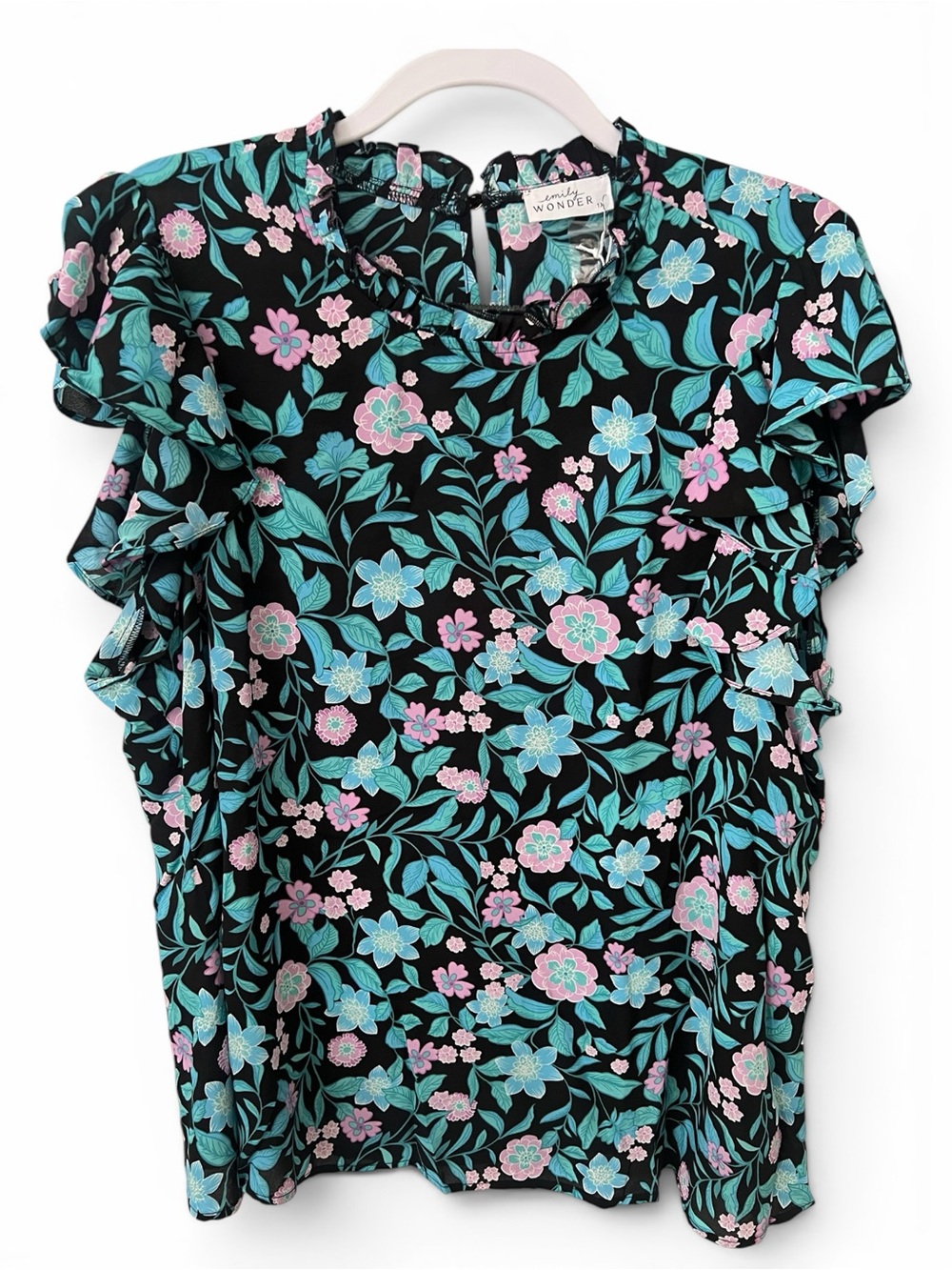 Emily Wonder Black Floral Ruffle Short-Sleeve Blouse NWT